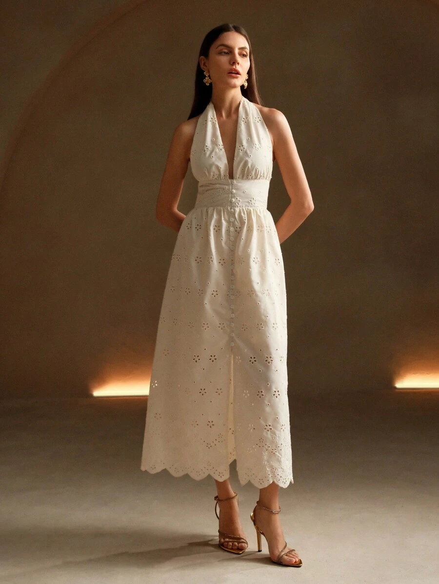 Anewsta 复古风格束腰吊带细肩带女式连衣裙 - 杏色 - 查看 1