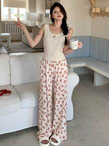 DAZY 熊印花无袖上衣和裤子睡衣套装 - 杏色 - 查看 5