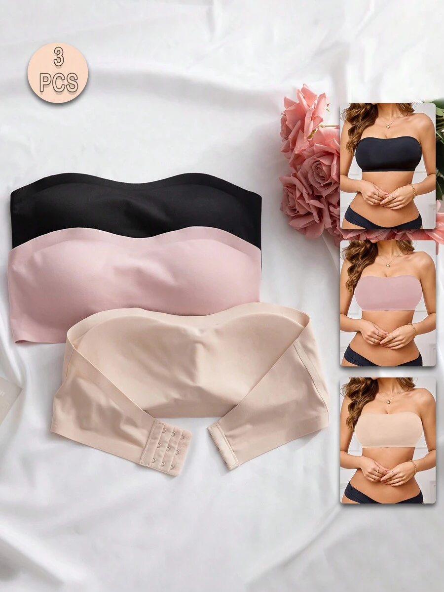 Elegant & Comfortable Women's Strapless Seamless Bra, Multi-Color 3pcs Pack - Multicolor - View 1