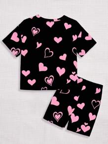 SHEIN Leap Crew Young Girl 2pcs Cute Girl, Cat, Flowers & Heart Printed Short Sleeve T-Shirt And Pants Casual Home Outfit For Spring & Summer, Snug Fit - Black - View 2