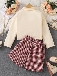 Tween Girls' Plain Front Button Plush Coat & Plaid Printed Shorts 2pcs/Set - White - View 2