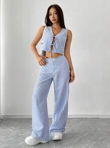SHEIN Unity Women's Striped Sleeveless Top And Long Pants Set For Daily Wear - Blue and White - View 5