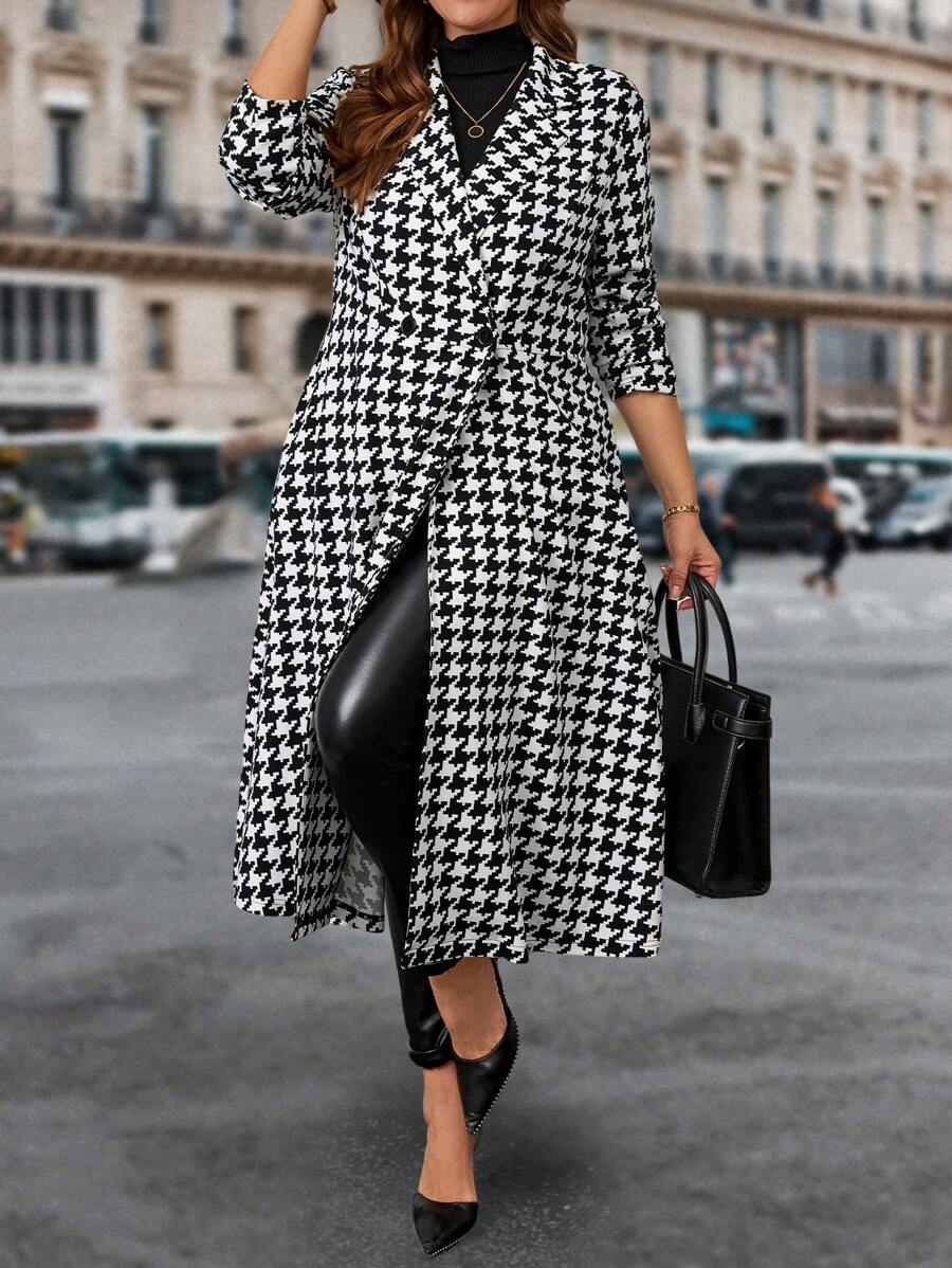 SHEIN Clasi 大码女式千鸟格印花简约日常外套 - 黑與白 - 查看 1