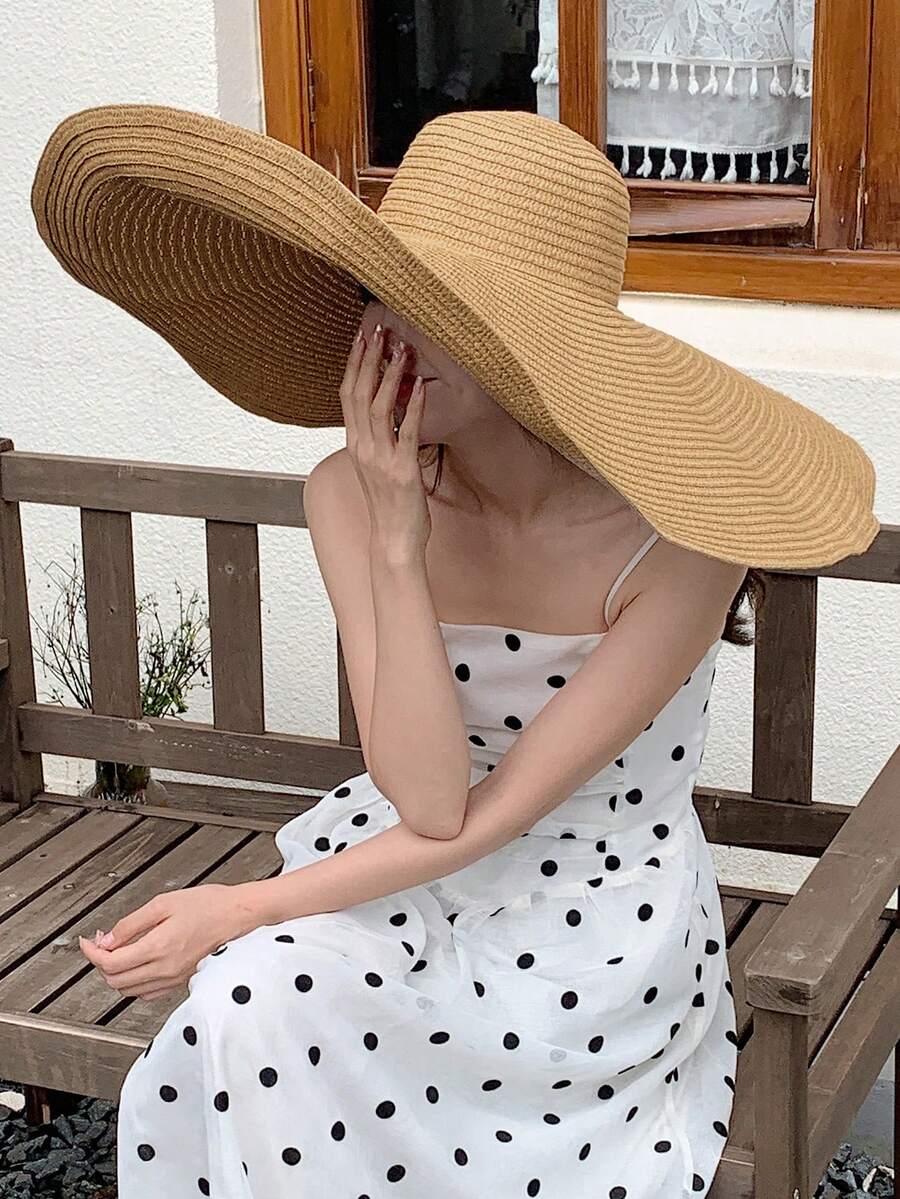 DAZY 1pc Solid Color Sun Hat For Beach And Travel, Summer - Khaki - View 1