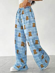 SHEIN EZwear 女士前系带卡通可爱熊全印花休闲裤，日常休闲 - 藍色 - 查看 5