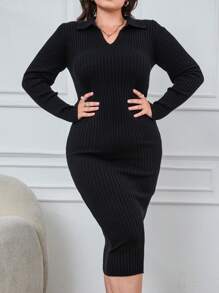 SHEIN Cottnline Women's Plus Solid Rib-Knit Bodycon Sweater Dress, For Winter - Black - View 3