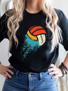 Women's Summer Gradient Volleyball Casual Short Sleeve T-Shirt Print And Slogan, Round Neck