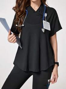 TaskEZ Solid Color V-Neck Short Sleeve Top And Pocket Pants  Uniform Set, Scrub Sets - Black - View 4