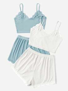 女士睡衣套装 - 细肩带蕾丝边蝴蝶结吊带背心和宽松舒适短裤 - 彩色 - 查看 2