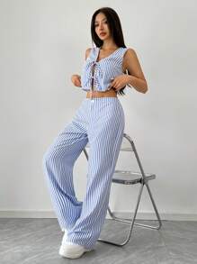 SHEIN Unity Women's Striped Sleeveless Top And Long Pants Set For Daily Wear - Blue and White - View 1