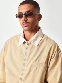SUMWON Jachetă de lucru vintage din denim, efect de stropi de vopsea, guler contrastant, streetwear, casual, primăvară-toamnă, îmbrăcăminte de exterior, modă de zi cu zi, croială clasică - Kaki - Vizualizare 3