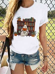 Camiseta de fantasmas leyendo libros, maestra, Halloween, bibliotecaria, libros - Blanco - Ver 3