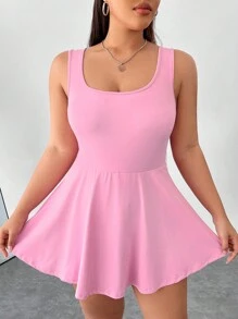 Solflare 情人节，女式加大码无袖连体裤，带短裤，纯色，外裙摆带有内置口袋 - 粉色 - 查看 7