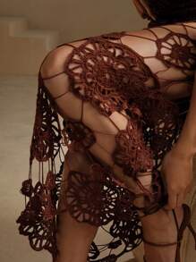 Anewsta Elegant Brown Beach Cover-Up Crochet Knit Dress For Vacation, For Summer - Coffee Brown - View 5