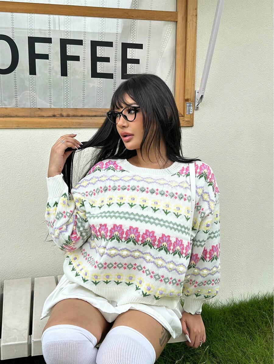 Flirla Áo len chui đầu họa tiết hoa dành cho nữ cỡ lớn, thích hợp cho mùa thu đông. - Nhiều màu - Xem 1