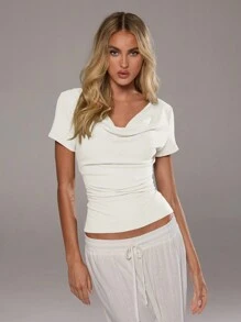 Aloruh 女士夏季纯色休闲垂领短袖 T 恤 - 杏色 - 查看 1