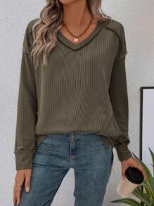 SHEIN LUNE Solid Ribbed High-Low Hem Long Sleeve Ladies' Casual Tee With Front Pocket - Army Green - View 1