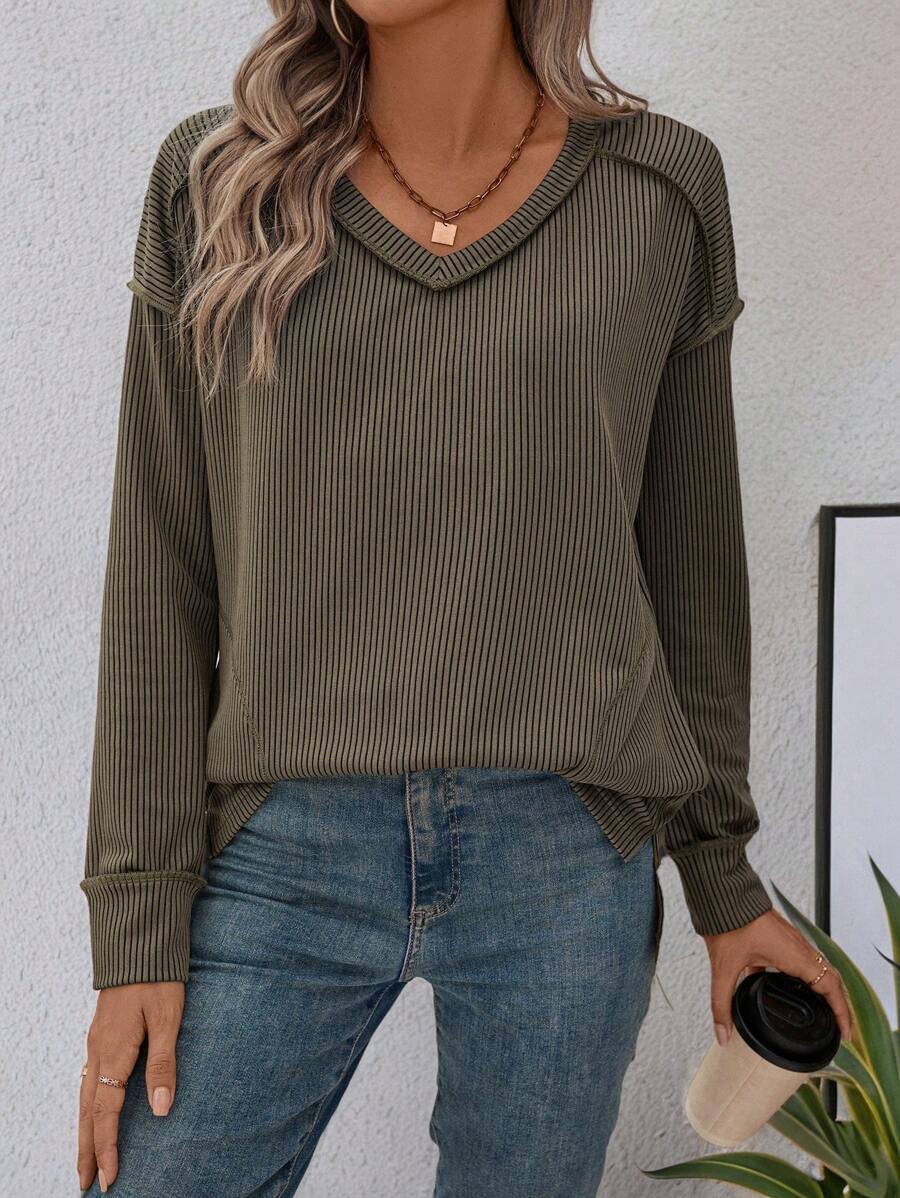 SHEIN LUNE Solid Ribbed High-Low Hem Long Sleeve Ladies' Casual Tee With Front Pocket - Army Green - View 1