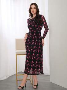 Modelyn Vestido modesto de manga larga con cuello asimétrico y estampado floral, adecuado para primavera y verano, vestido largo de noche - Multicolor - Ver 6