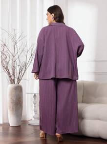 Mulvari Conjunto de talla grande para mujer con camisa de hombros caídos y pantalones pata ancha para primavera y verano, camisa informal de manga larga con ajuste holgado y abotonadura, y pantalones largos pata ancha - Morado - Ver 2