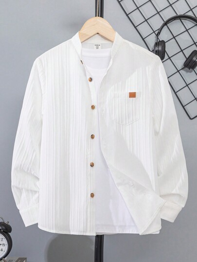 Tween Boy Fall Texture Pique Stripe Skin Collar Shirt With Chest Pockets, Long Sleeve
