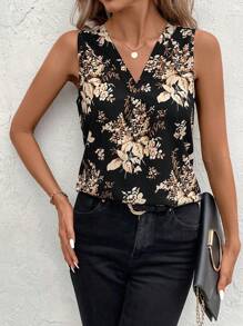 SHEIN Clasi 夏季/春季植物印花无袖 V 领修身女式衬衫/衬衫、无袖上衣