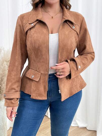 SHEIN Clasi Plus Size Women's Solid Color Long Sleeve Zipper Front Casual Jacket, Spring And Autumn, For Winter Fall