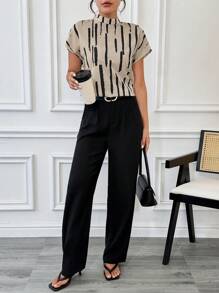 SHEIN Essnce Women's Summer Batwing Short Sleeve Casual Shirt With Line Print And Stand Collar - Khaki - View 5