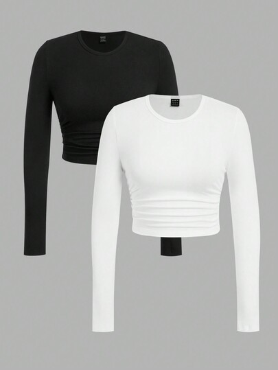 SHEIN EZwear 2pcs Women Casual Minimalist Waist Ruched Slim Fit Crew Neck Long Sleeve T-Shirt, Suitable For Spring/Summer Daily Wear And Autumn/Winter Base Layer