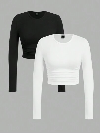 SHEIN EZwear 2 piezas Camiseta de manga larga con cuello redondo, ajuste ceñido y fruncido en la cintura, estilo minimalista casual para mujer, adecuada para uso diario en primavera/verano y como capa base en otoño/invierno