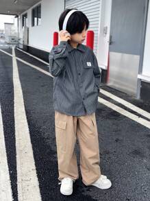 2 件套儿童青少年男童休闲韩版可爱刺绣领开衫衬衫和直腿裤套装