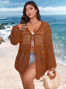 SHEIN Clasi Plus Size Vacation Beach Solid Color Hollow Out Lightweight Cardigan - Coffee Brown - View 2
