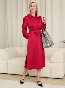 SHEIN LUNE 女士春秋休闲纯色灯笼袖衬衫优雅缎面连衣裙，秋季女装，红色女装 - 紅色 - 查看 3