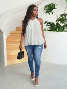 Slaydiva Top estilo dulce de playa holgado para vacaciones / citas / uso diario con dobladillo de volante y diseño de cuello halter, tela de gasa blanca - C