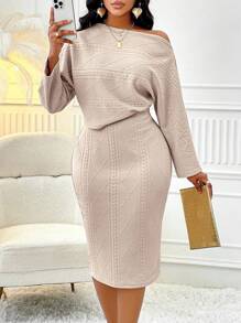 SOLERSUN 罗纹针织不对称领口 T 恤和中长裙优雅两件套