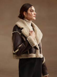 SHEIN X Lucía Bellido Anewsta Fashionable Color-Block Turn-Down Collar Short Jacket With Double Pockets For Women