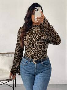 SHEIN Unity 大码豹纹喇叭袖休闲 T 恤，春秋季图案猎豹印花 T 恤女式上衣 - 彩色 - 查看 3