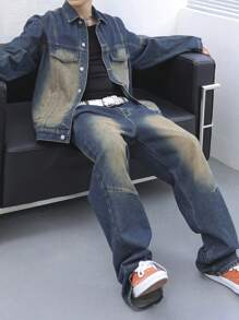 Manfinity EMRG Plus Size Men's Casual Ombre Washed Denim Jacket And Pants Set, Spring Autumn - Dark Wash - View 5