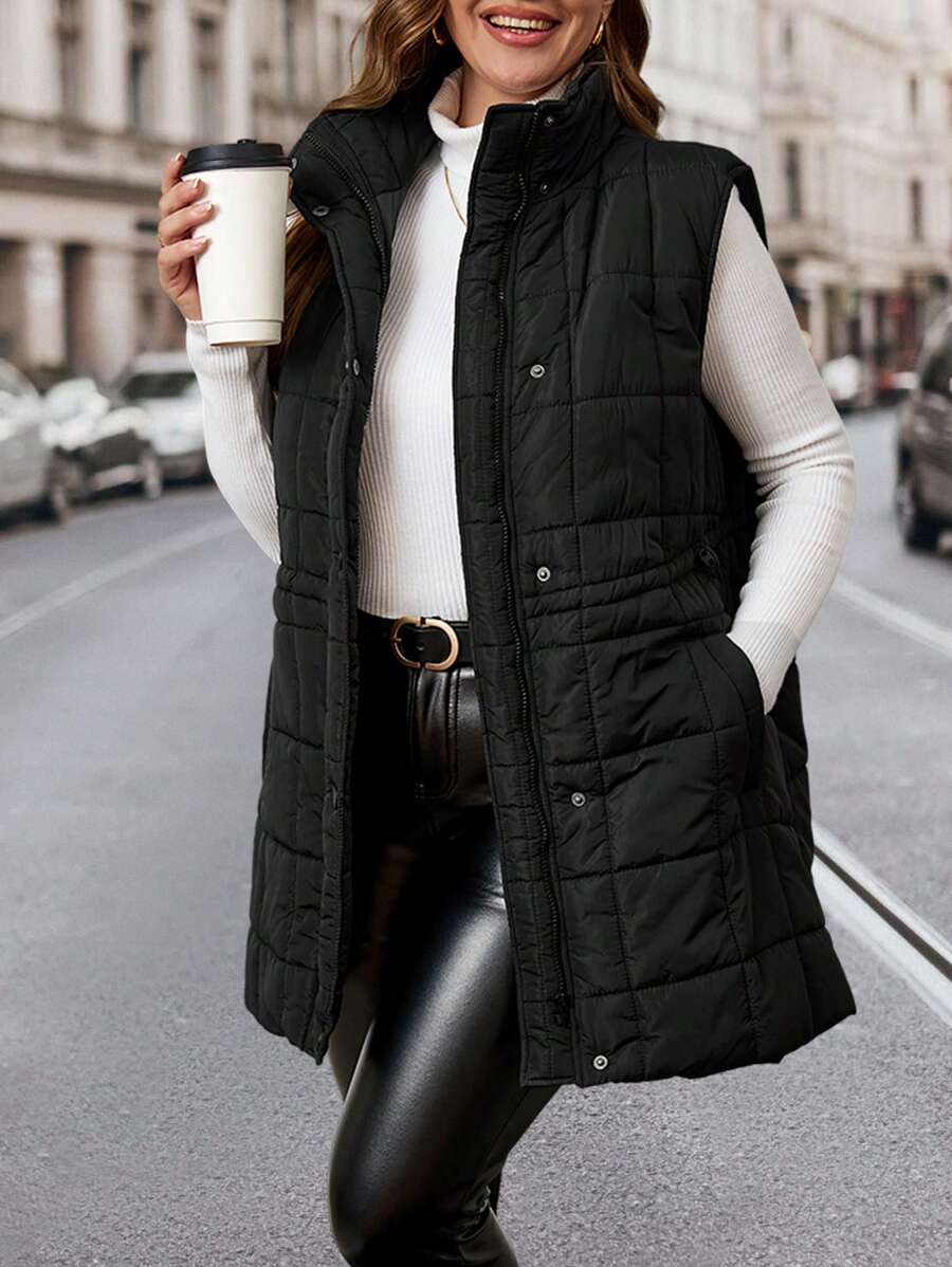 SHEIN Clasi Plus Size Women's Winter Solid Color Vest Padded Coat Jacket With Pockets