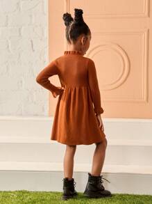 Young Girl Fall Casual Knitted Sweater Dress With Ruffle Trim - Brown - View 2