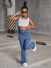 SHEIN Jeans acampanados de 2 en 1 con bolsillo con parches para niña preadolescente, de vuelta al colegio - Azul lavado medio - Ver 4