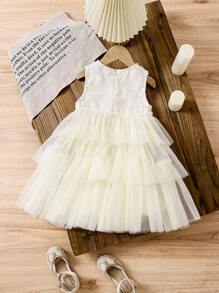 SHEIN LMoss Kids LMoss Young Girl Young Girls' Sweet Korean-Style Round Neck Sleeveless Mesh Ruffle Trim Midi Dress