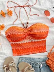 Soleia WYWH Women Vacation, Graduation, Wedding, Easter Party Lunch Casual Summer Dress Outfit, Lightweight Knit Textured Halter Elastic Hem Cropped Tank Top, Orange Color