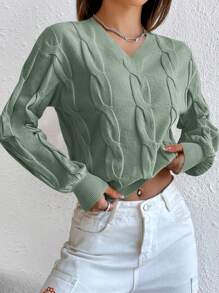 RueChic Solid Cable Knit V Neck Sweater - Mint Green - View 5