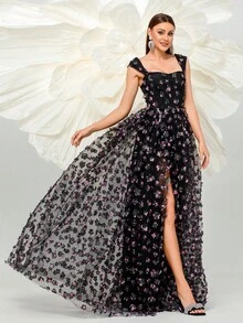 Missord 女式无袖优雅贴花网眼开衩下摆连衣裙 - 黑色 - 查看 7