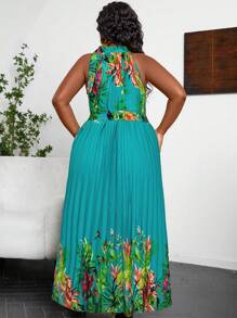 EMERY ROSE Plus Size Tropical Print Halter Neck Dress For Vacation Maxi Women Outfit, For Summer - Teal Blue - View 2