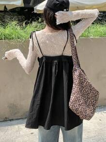 DAZY 女士纯色蝴蝶结荷叶边下摆吊带背心，夏季 - 黑色 - 查看 3