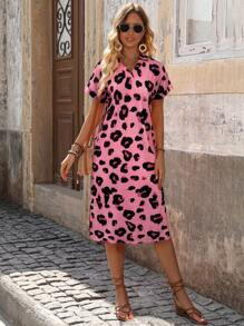 SHEIN LUNE V-Neck All Over Print Criss-Cross Wrap Short Sleeve Dress - Pink - View 5