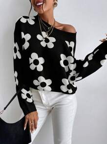 SHEIN Essnce 花卉印花圆领休闲长袖毛衣套头衫 - 彩色 - 查看 3