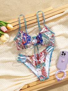 Sunnyshic 女士夏季海滩花卉印花系带性感比基尼套装，随机印花 - 彩色 - 查看 8